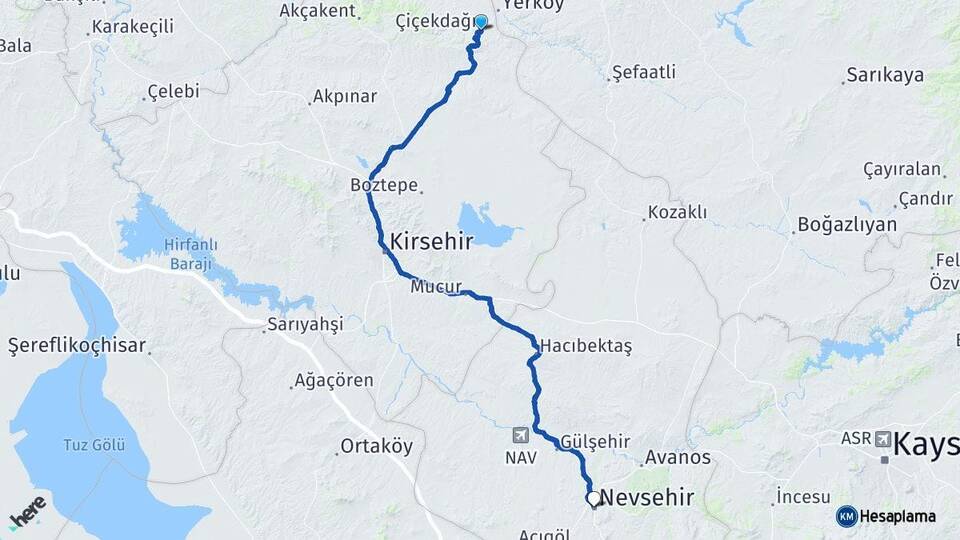 Kırşehir Çiçekdağı Nevşehir Arası Kaç Km - Yol Haritası