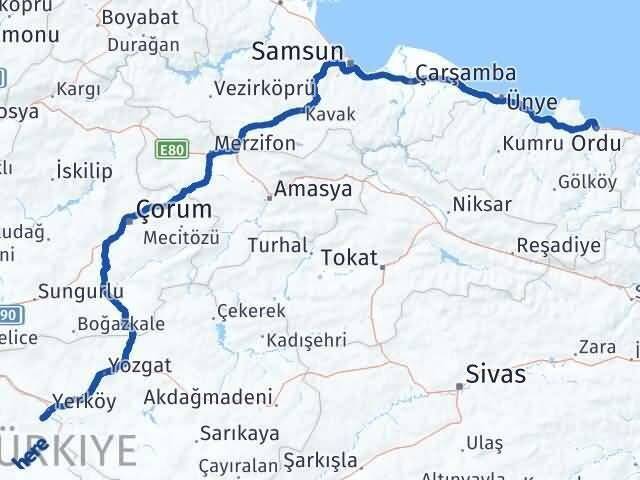 Kırşehir Çiçekdağı Ordu Arası Kaç Km - Yol Haritası