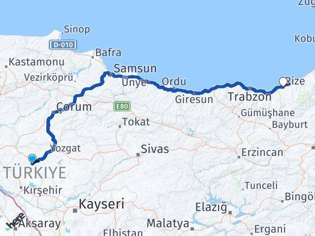 Kırşehir Çiçekdağı Rize Arası Kaç Km - Yol Haritası