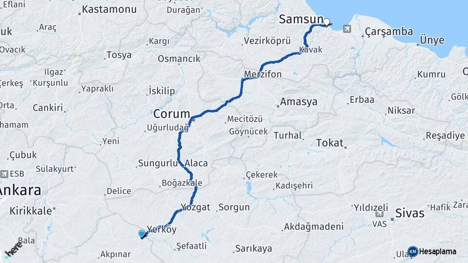 Kırşehir Çiçekdağı Samsun Arası Kaç Km - Yol Haritası
