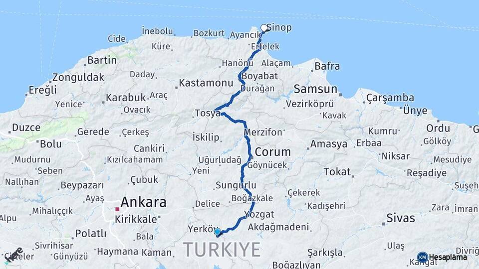 Kırşehir Çiçekdağı Sinop Arası Kaç Km - Yol Haritası