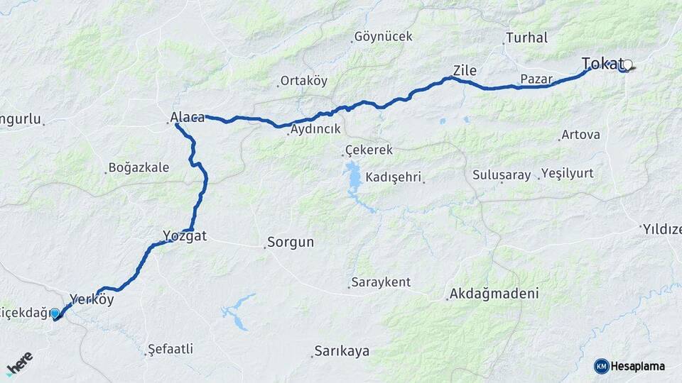 Kırşehir Çiçekdağı Tokat Arası Kaç Km - Yol Haritası