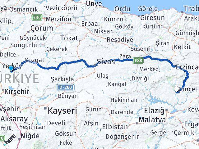 Kırşehir Çiçekdağı Tunceli Arası Kaç Km - Yol Haritası