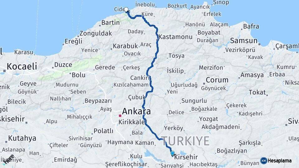 Kırşehir Cide Kastamonu Arası Kaç Km - Yol Haritası