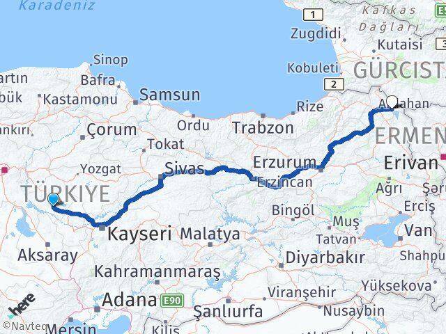 Kırşehir Çıldır Ardahan Arası Kaç Km - Yol Haritası