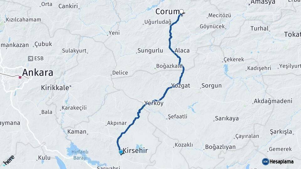 Kırşehir Çorum Arası Kaç Km - Yol Haritası