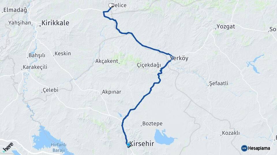 Kırşehir Delice Kırıkkale Arası Kaç Km - Yol Haritası