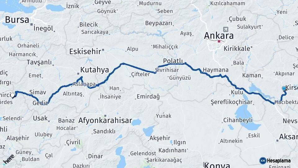 Kırşehir Demirci Manisa Arası Kaç Km - Yol Haritası