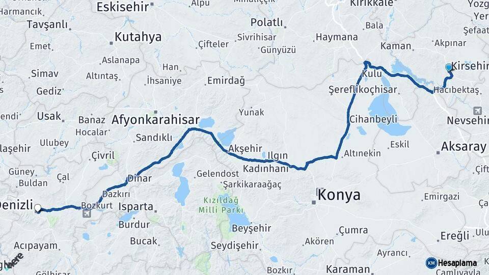 Kırşehir Denizli Arası Kaç Km - Yol Haritası