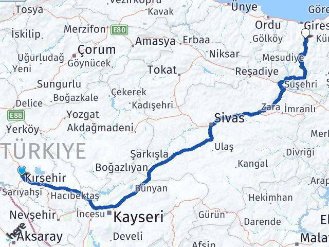 Kırşehir Dereli Giresun Arası Kaç Km - Yol Haritası