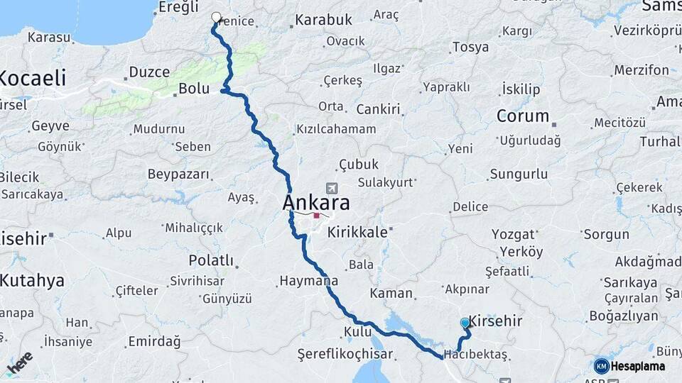 Kırşehir Devrek Zonguldak Arası Kaç Km - Yol Haritası