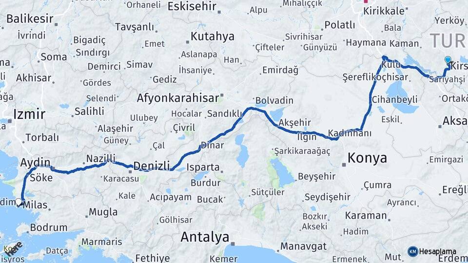 Kırşehir Didim Aydın Arası Kaç Km - Yol Haritası