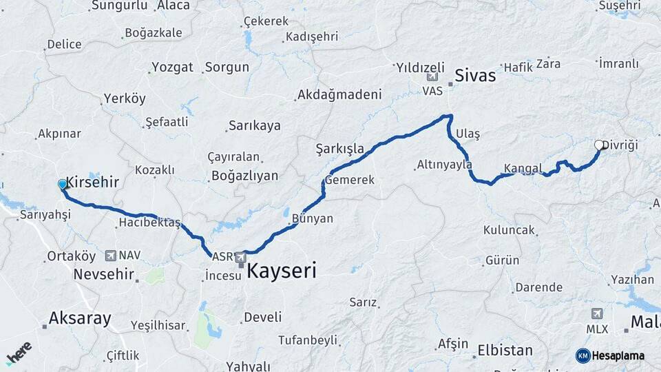 Kırşehir Divriği Sivas Arası Kaç Km - Yol Haritası