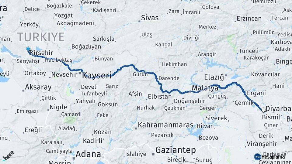 Kırşehir Diyarbakır Arası Kaç Km - Yol Haritası