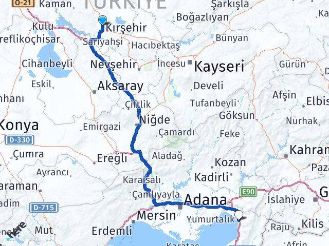 Kırşehir Dörtyol Hatay Arası Kaç Km - Yol Haritası