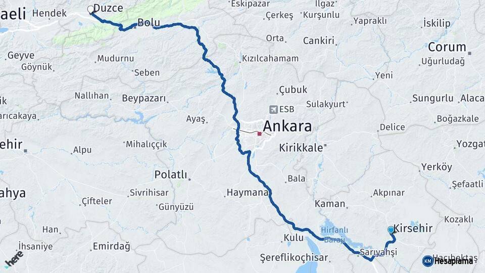 Kırşehir Düzce Arası Kaç Km - Yol Haritası