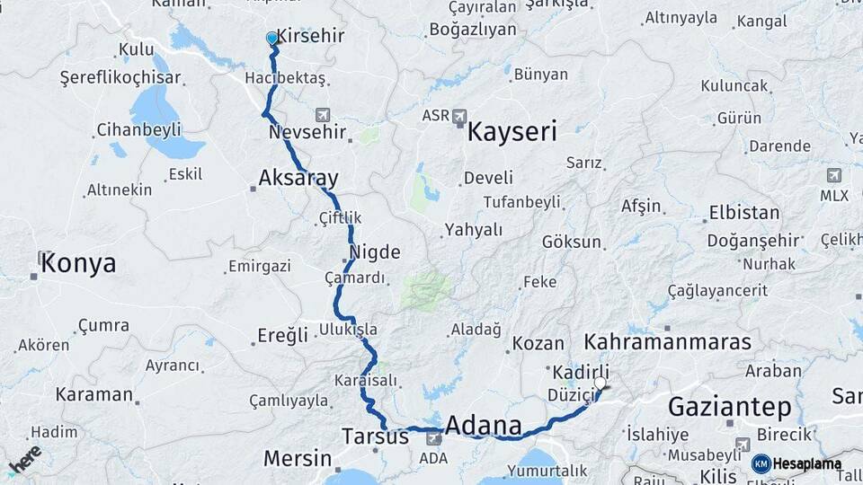 Kırşehir Düziçi Osmaniye Arası Kaç Km - Yol Haritası