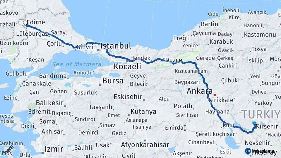 Kırşehir Edirne Arası Kaç Km - Yol Haritası