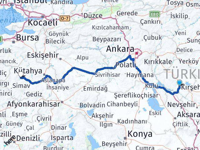 Kırşehir Emet Kütahya Arası Kaç Km - Yol Haritası