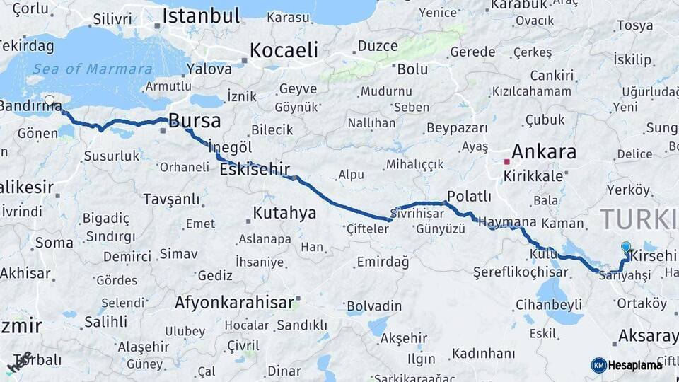Kırşehir Erdek Balıkesir Arası Kaç Km - Yol Haritası