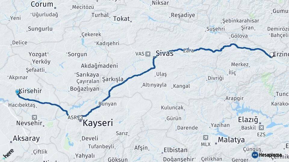 Kırşehir Erzincan Arası Kaç Km - Yol Haritası