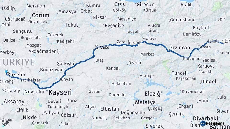 Kırşehir Erzurum Arası Kaç Km - Yol Haritası