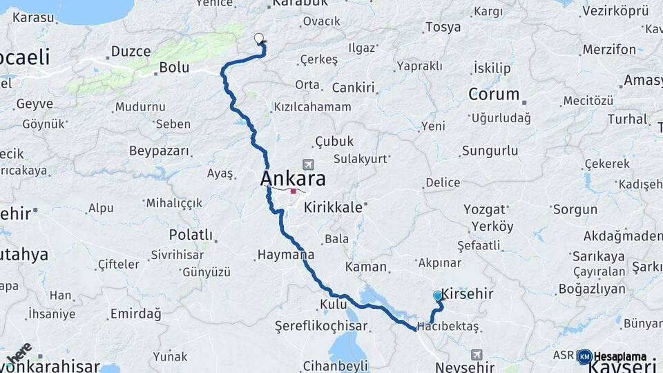 Kırşehir Eskipazar Karabük Arası Kaç Km - Yol Haritası