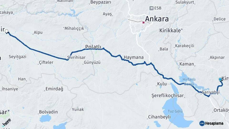 Kırşehir Eskişehir Arası Kaç Km - Yol Haritası