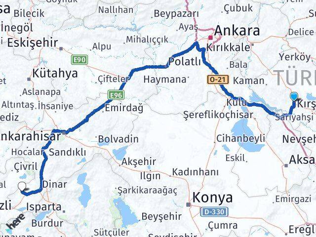 Kırşehir Evciler Afyonkarahisar Arası Kaç Km - Yol Haritası