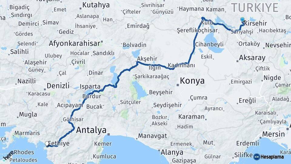 Kırşehir Fethiye Muğla Arası Kaç Km - Yol Haritası