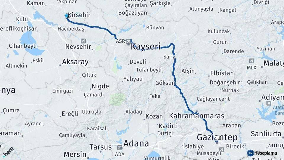 Kırşehir Gaziantep Arası Kaç Km - Yol Haritası