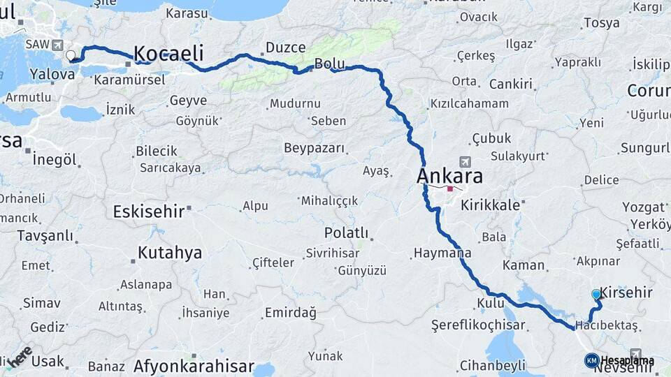 Kırşehir Gebze Kocaeli Arası Kaç Km - Yol Haritası