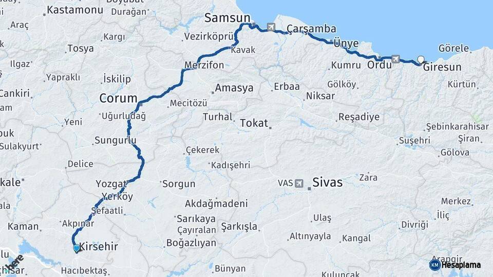 Kırşehir Giresun Arası Kaç Km - Yol Haritası