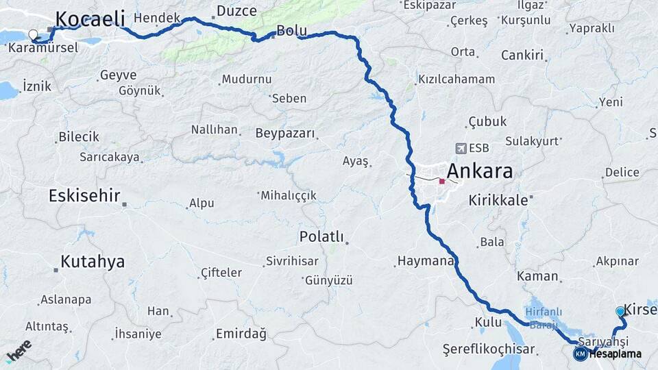Kırşehir Gölcük Kocaeli Arası Kaç Km - Yol Haritası