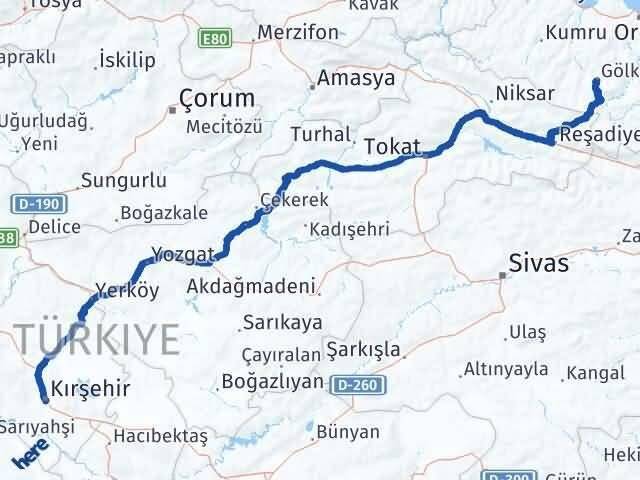 Kırşehir Gölköy Ordu Arası Kaç Km - Yol Haritası