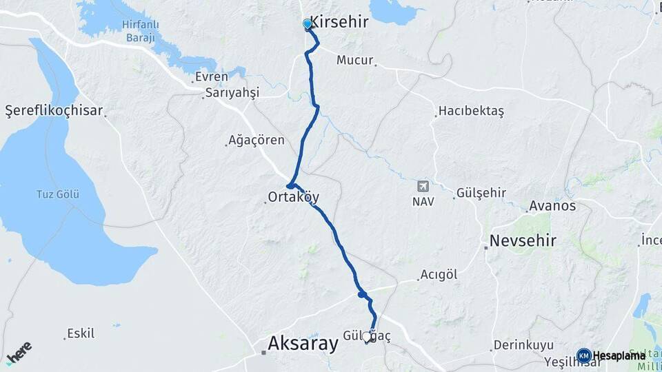 Kırşehir Gülağaç Aksaray Arası Kaç Km - Yol Haritası