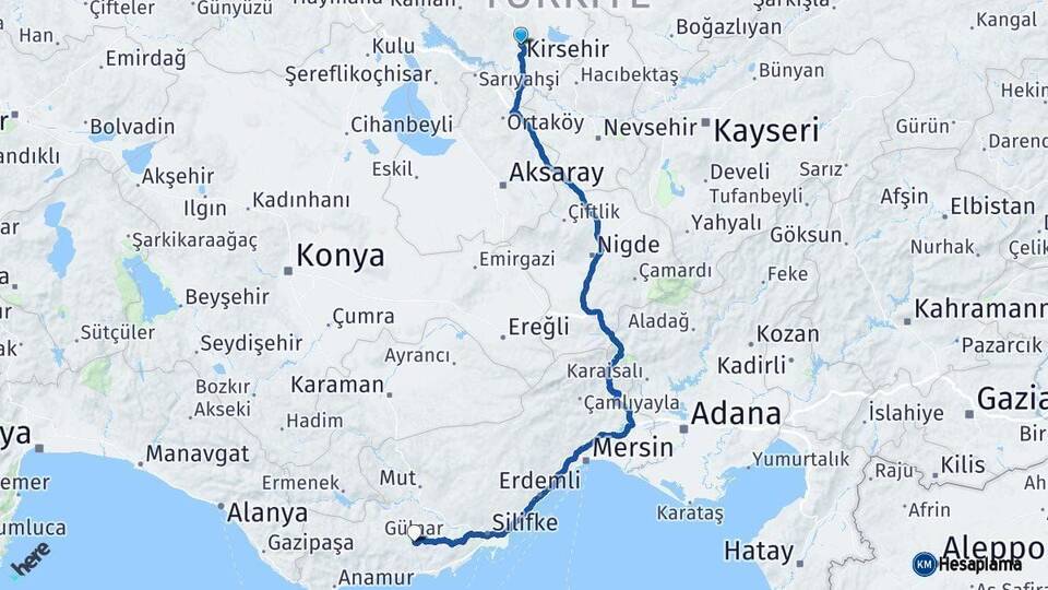 Kırşehir Gülnar Mersin Arası Kaç Km - Yol Haritası