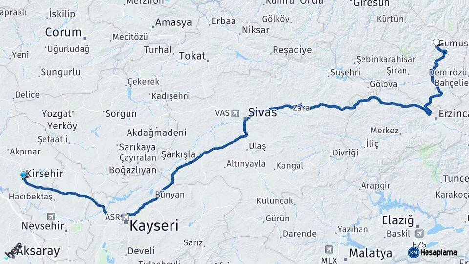 Kırşehir Gümüşhane Arası Kaç Km - Yol Haritası