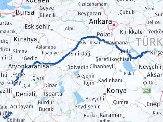 Kırşehir Güney Denizli Arası Kaç Km - Yol Haritası