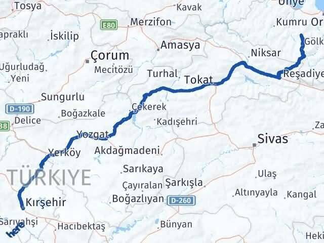 Kırşehir Gürgentepe Ordu Arası Kaç Km - Yol Haritası
