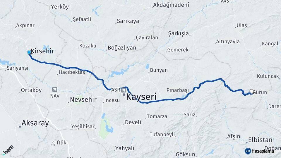 Kırşehir Gürün Sivas Arası Kaç Km - Yol Haritası