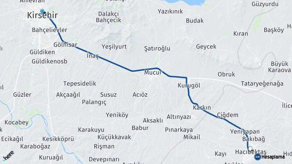 Kırşehir Hacıbektaş Nevşehir Arası Kaç Km - Yol Haritası