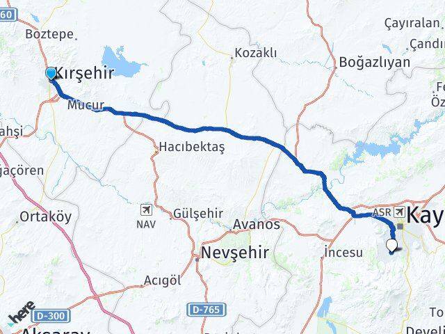 Kırşehir Hacılar Kayseri Arası Kaç Km - Yol Haritası