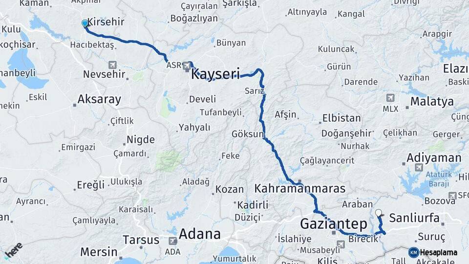 Kırşehir Halfeti Şanlıurfa Arası Kaç Km - Yol Haritası