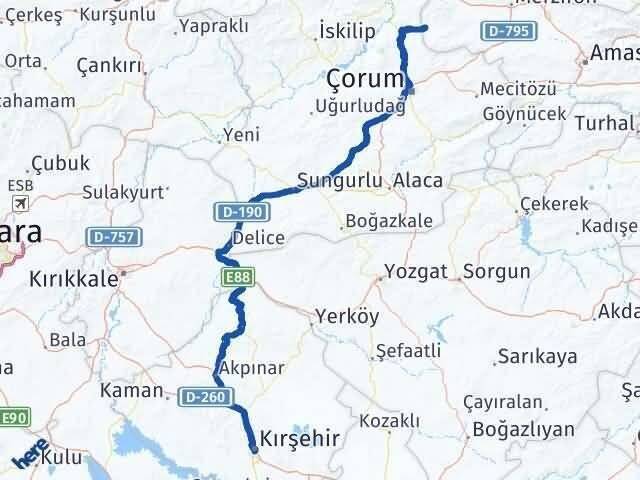 Kırşehir Hamamözü Amasya Arası Kaç Km - Yol Haritası