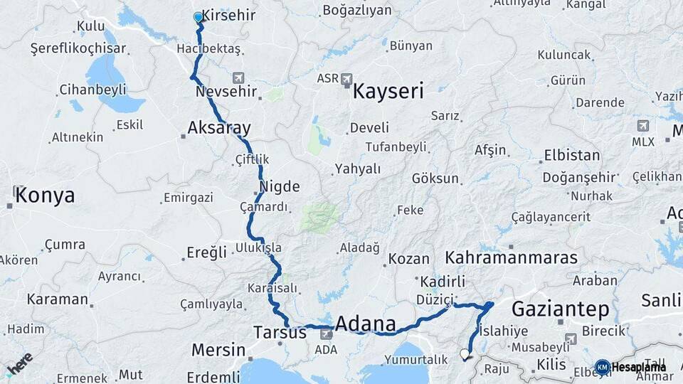 Kırşehir Hassa Hatay Arası Kaç Km - Yol Haritası