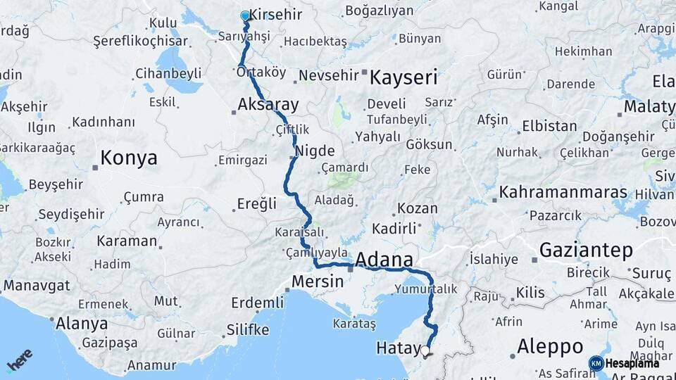 Kırşehir Hatay Arası Kaç Km - Yol Haritası