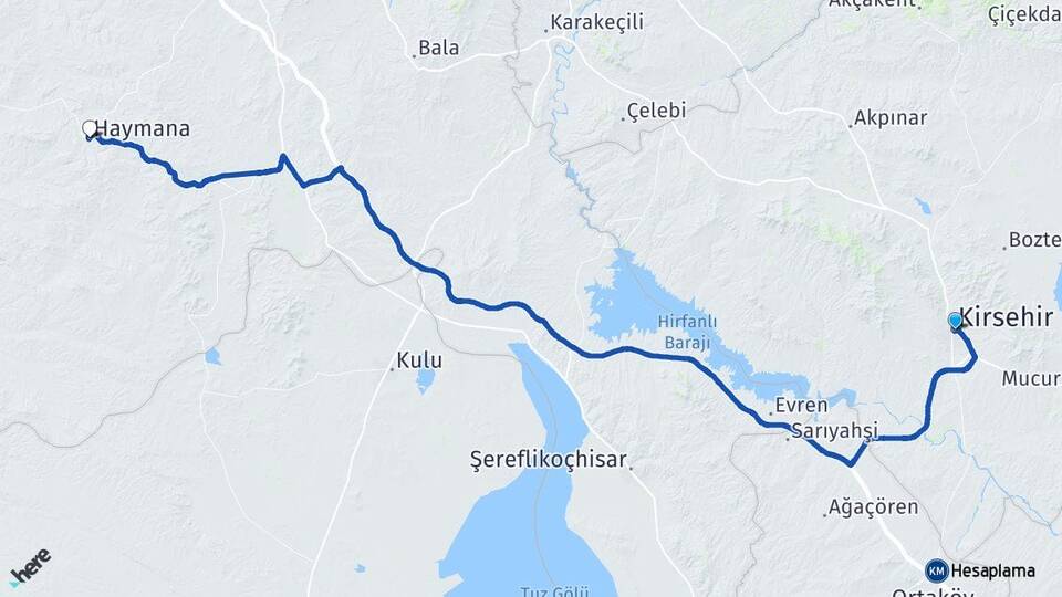 Kırşehir Haymana Ankara Arası Kaç Km - Yol Haritası