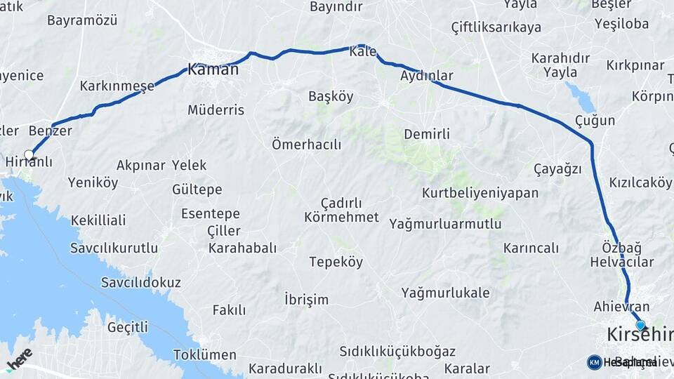 Kırşehir Hirfanlı Kaman Arası Kaç Km - Yol Haritası