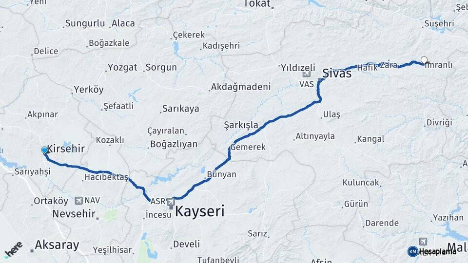 Kırşehir İmranlı Sivas Arası Kaç Km - Yol Haritası